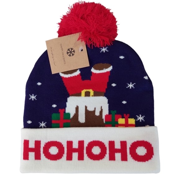 Christmas Beanie Hat Women Men Knit Navy Blue Pom Christmas Hat Beanie Winter - Picture 1 of 12